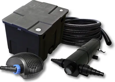 Immagine prodotto di Set completo SunSun: filtro per laghetti CBF-350 fino a 12000 L come filtro a flusso continuo, pompa per laghetti CTF-3800 SuperECO 3600l/h 20W, chiarificatore per laghetti CUV-224 con chiarificatore UVC 24W, tubo per laghetti 25m 25 mm