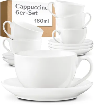 Immagine prodotto di Set di 6 tazze da cappuccino Cosumy con piattini – Tazze da caffè in Vetroceramica bianca – H