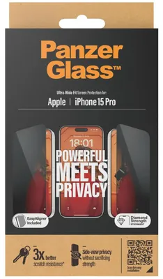 Produktbild von PanzerGlass ® Privacy Displayschutz iPhone 15 Pro | Ultra-Wide Fit m. EasyAligner, Apple, Apple - iPhone 15 Pro, Trockene Anwendung, Schockresistent, Transparent, 1 Stück(e)