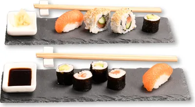 Produktbild von KESPER Sushi Set 8-tlg. – Schieferplatten, Dipschalen, Essstäbchen & Halter – stilvoll servieren – Artikel 38142 , Serviertablett