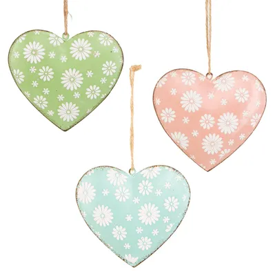 Produktbild von 3 große Metallherzen in rosa blau grün - Herzen zum Aufhängen aus Metall - 11 cm