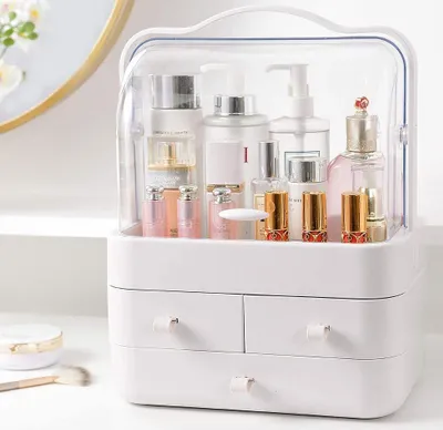 Produktbild von Kosmetik-Organizer, Make-up-Organizer, Beauty-Organizer, staubdichte Aufbewahrungsbox für Kosmetikartikel, Aufbewahrungsbox mit Deckel, Tragegriff, 180° drehbar für Kommode, Badezimmer, Schlafzimmer, weiß