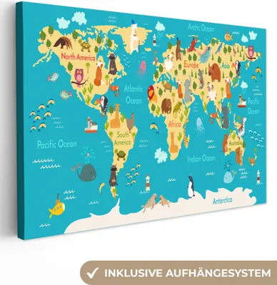 Produktbild von MuchoWow® - Leinwandbilder - Weltkarte - Kinder - Tiere - Gelb - Blau - Jungen - Mädchen, Wandbild, Wanddeko Bilder Wohnzimmer, 120x80 cm