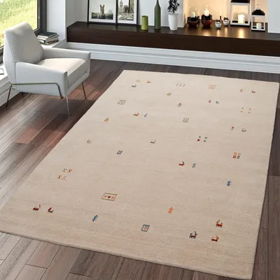 Produktbild von TT Home Wohnzimmerteppich Beige Wolle Gabbeh Handgewebt Ethno Design Robust Weich Größe 120x170 cm