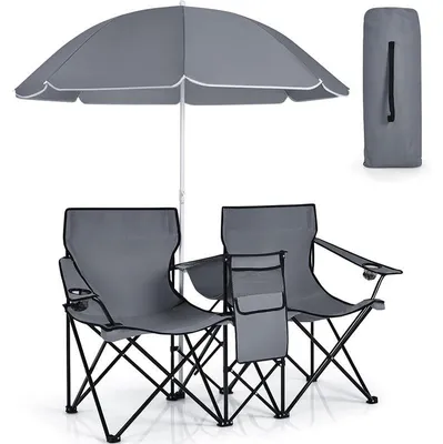 Immagine prodotto di Due sedie da campeggio con parasole, modello SK-OP70621, dimensioni 161 x 55 x 85 cm, colore grigio