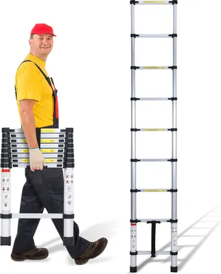 Zdjęcie produktu dla Drabina teleskopowa TolleTour 2,6 m srebrna Drabina aluminiowa Drabina przystawna Drabina pojedyncza Drabina wielofunkcyjna Drabina składana
