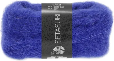 A ball of blue yarn with a black label.