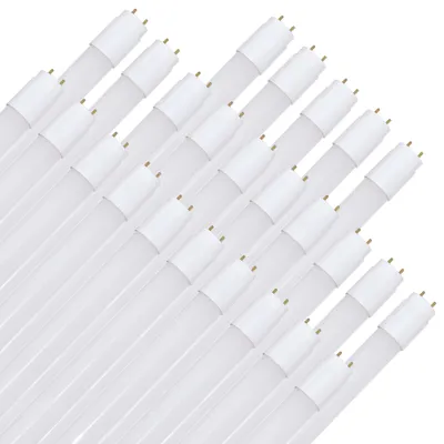 A collection of LED tube lights arranged diagonally on a white background.