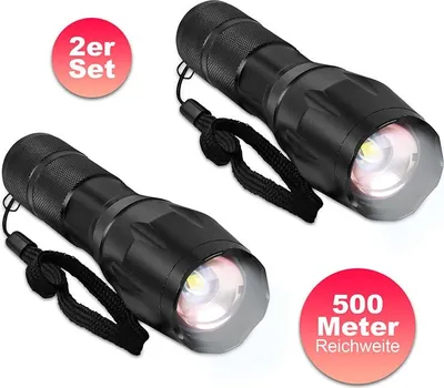 Immagine prodotto di Set di 2 torce LED, 5 funzioni di illuminazione, alimentate a batteria, alluminio, Eaxus