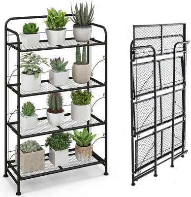 Produktbild von GOPLUS Pflanzenständer Metall, 4-stufiges Pflanzenregal mit klappbarer Ablage & verstellbaren Füßen, Blumenregal Pflanzentreppe für Balkon, Terrasse, schwarz