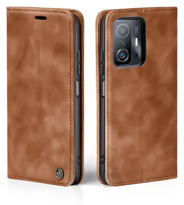 A brown leather flip case for a smartphone, shown from two angles.