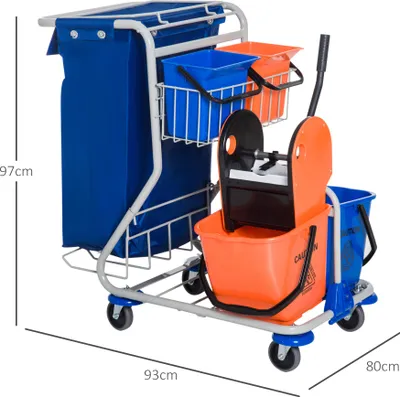 Zdjęcie produktu dla Wózek do sprzątania HOMCOM z 2 wiadrami 18 l i 2 wiadrami 6 l, wózek do mopa, wózek domowy z prasą do mopa, kosz do przechowywania, niebiesko-pomarańczowy, 93 x 80 x 97 cm