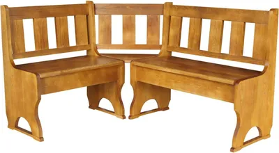 A three-section corner bench made of light brown wood.
