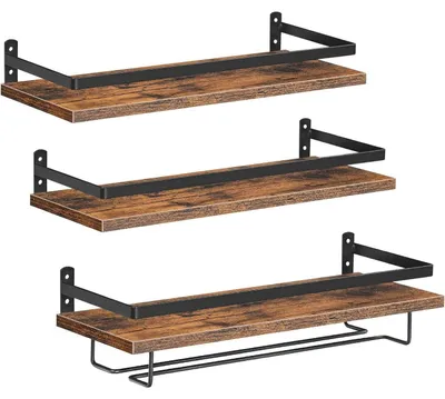 Productafbeelding van Wandmontabele wijnrekken, set van 3, zwevende wandplanken met glashouder, vintagebruin en zwart