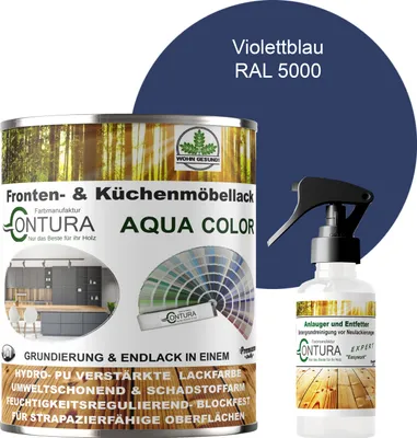 Produktbild von 750ml. + Anlauger - Contura Küchenmöbellack RAL Möbellack SEIDENMATT SET Möbelfarbe Holzlack Buntlack Küchenlack - RAL 5000 Violettblau