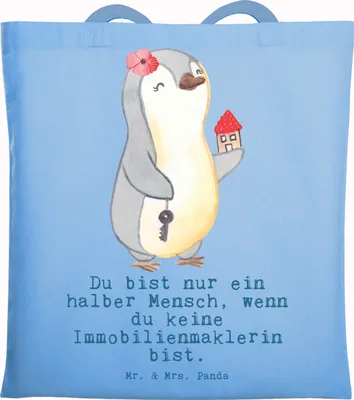 Produktbild von Mr. & Mrs. Panda Schultasche Immobilienmaklerin Herz - Sky Blue - Geschenk, Immobilienbüro, Ausbildung, Stoffbeutel, Tote Bag, Immobilienkauffrau, Tragetasche, Uni Tasche