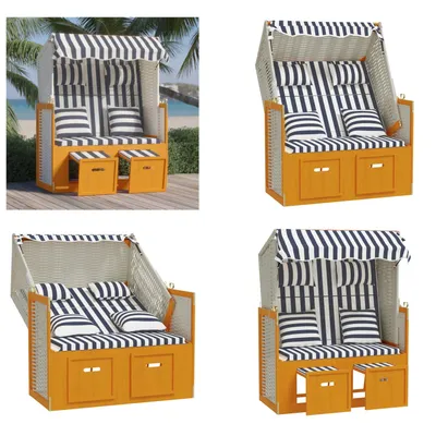 Image de vidaXL Fauteuil de plage avec coussins en polyrotin et bois massif blanc et bleu - Fauteuil de plage - Fauteuils de plage - Chaise longue - Transat