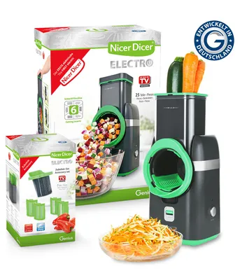 Produktbild von Nicer Dicer Electro Gemüseschneider Deluxe Set 32 tlg, elektrische Gemüsehobel für Würfel, Scheiben, Julienne, Küchenreibe Multizerkleiner
