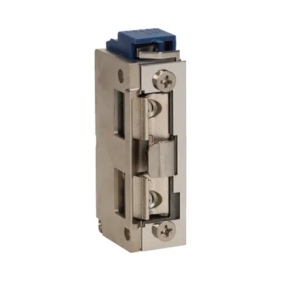 Zdjęcie produktu dla Elektrozaczep 12V MINI prawy/lewy z częścią prowadzącą i funkcją pamięci Elektrozaczep z zamkiem elektrycznym