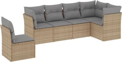 Produktbild von Modulare Garten-Sofagarnitur, 6-teilig, aus UV-beständigem PE-Rattan, Beige, mit abnehmbaren hellgrauen Polyester-Kissen, pulverbeschichteter Stahl