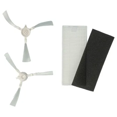 A set of replacement parts for a robot vacuum cleaner, including brushes and filters, laid out on a white background.