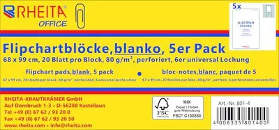 Produktbild von 5 Flipchartblöcke 68 x 99 cm, blanko, 20 Blatt pro Block, 80 g/m²,