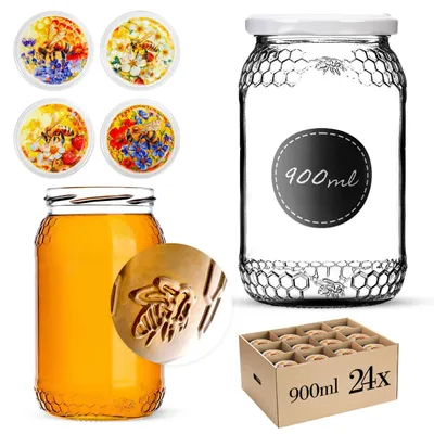 Zdjęcie produktu dla Słoiki KADAX 900ml TO82, duże słoiki z zakrętką, idealne do konserwowania warzyw, ogórków, kiszonki (Bunte Biene, 24 sztuki)