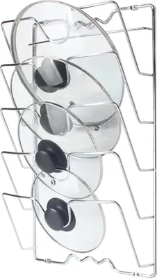 A metal rack holding four glass pot lids.