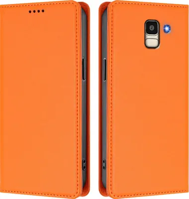 Produktbild von Handyhülle für Samsung Galaxy J6 2018, Kunstleder Klapphülle Stoßfeste Magnetische Hülle mit Ständer Orange