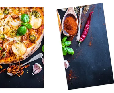 Produktbild von Spritzschutz Herdabdeckplatte Schneidebrett aus Glas Pizza mit Gewürzen 2-Teilig (60x52cm)