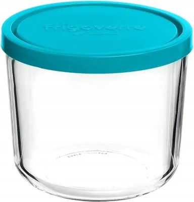 A clear studio shot of a glass food container with a turquoise lid.