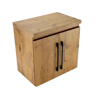 A wooden cabinet with two doors and black handles, shown against a white background.