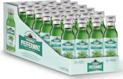 A case of small green bottles of Pfefferminz liqueur.
