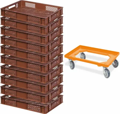 Produktbild von 10 Bäckerkisten / Euroboxen, LxBxH 600x400x90 mm, braun + Transportroller