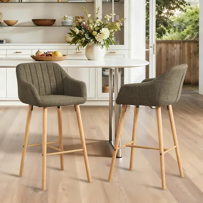 Image de LVHOM Lot de 2 tabourets de bar en lin avec accoudoirs et dossier, tabourets de comptoir en bois de style scandinave, tabourets de bar rembourrés pour îlot de cuisine, vert