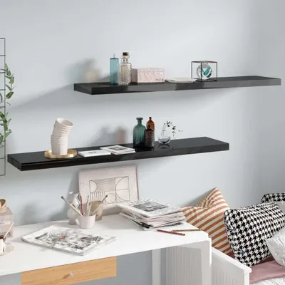 Produktbild von The Living Store Schweberegale 2 Stk. Hochglanz-Schwarz 120x23,5x3,8 cm MDF