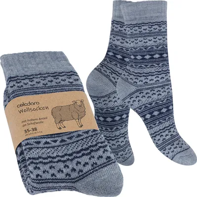 Produktbild von Celodoro Damen & Herren Frottee-Wollsocken mit Muster (1 Paar) - Hellgrau mit Navy 35-38