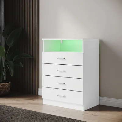 Produktbild von SONNI Standschrank weiß Hochglanz, mit 4 Schubladen und offenen Trennwänden, 60x40x83cm, mit verstellbarer LED-Beleuchtung, geeignet für Wohn- und Sch
