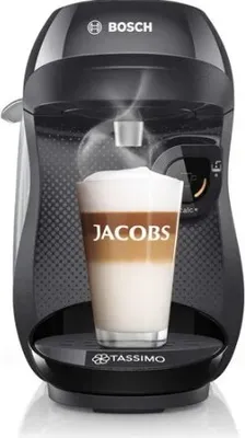 A Bosch Tassimo coffee machine is shown with a latte in a glass in front of it.