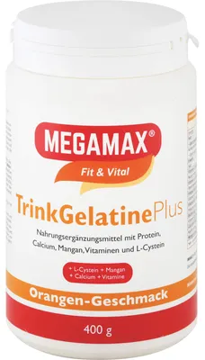 Produktbild von MEGAMAX Trinkgelatine plus Pulver Orangen-Geschmack, 400 g Pulver
