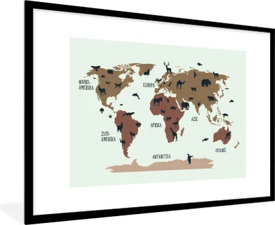 Produktbild von MuchoWow® Gerahmtes Poster Weltkarte Kinder - Tiere - Braun 90x60 cm - Poster mit Schwarzem Bilderrahmen Wandposter Rahmen Foto Bilder - Wanddekoration - Fotos
