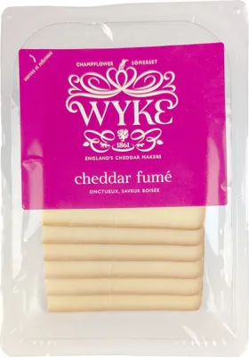 Produktbild von Food-United smoked YELLOW-CHEDDAR Cheese 160g in Scheiben von WYKE-FARMS english cheddar cheese 6 Scheiben englischer Hartkäse geräuchert passt zu Gratins Pasta Pizza Nachos Gemüse Aufläufe Dips Saucen