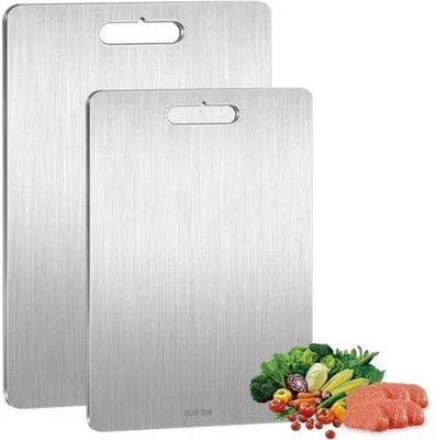 Obrázok produktu pre Dvojdielna sada krájacích dosiek Gelddeliger – nerezová oceľ – antibakteriálna – obojstranná – 34 x 23 cm + 25 x 15 cm – kovové krájacie dosky – ideálne na krájanie mäsa, zeleniny a ovocia