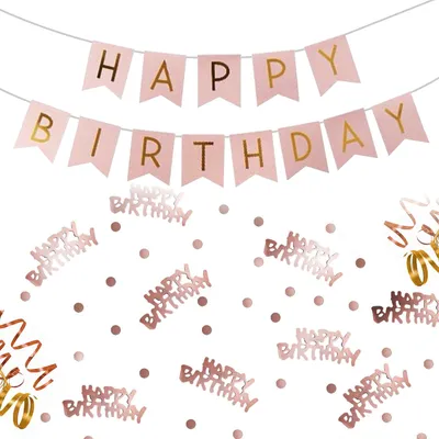 Produktbild von Oblique Unique Geburtstag Party Deko Set - Happy Birthday Girlande + Konfetti Hängedeko Streudeko rosa-gold roségold