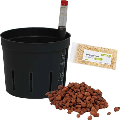 Produktbild von Set 4 teilig für Hydrokultur Kulturtopf 09/07 Ø 09 cm H 07 cm Wasserstandsanzeiger Blähton Dünger HD50