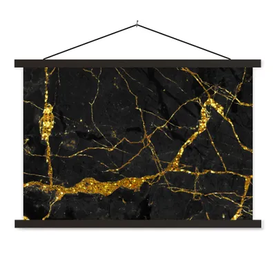 Produktbild von MuchoWow® Textilposter Marmor - Gold - Schwarz - Marmoroptik - Luxe - Glitzer 120x80 cm mit schwarzem Rahmen - Wanddeko