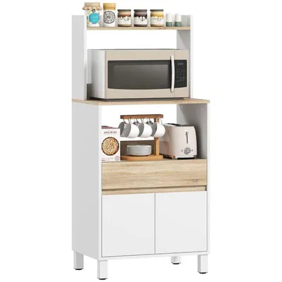 Produktbild von Mikrowellenschrank – Küchen-Sideboard – Küchenaufbewahrungsschrank – Mit Schränken, Schubladen und Ablagefläche – 60 x 40 x 131 cm – Eiche und Weiß