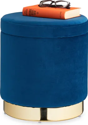 Produktbild von Relaxdays Samthocker mit Stauraum, rund, eleganter Polsterhocker, modern, Samt Sitzhocker, H x D 41,5 x 37 cm, blau/gold