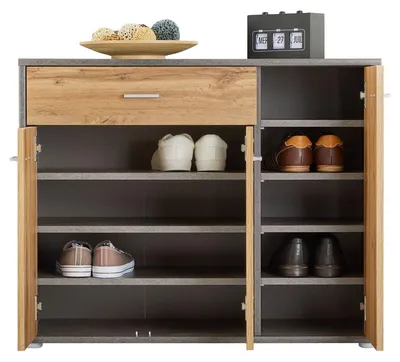 Produktbild von Schuhschrank DEUSTO 3 Türen 1 Schublade 7 Einlageböden für Flur und Eingangsbereich - Schuhregal geschlossen - Schuhaufbewahrung Sideboard betonoptik/eiche