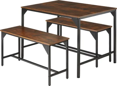 Image de Ensemble de salle à manger BOLTON 1 Table + 2 Bancs Style Vintage - Bois foncé industriel, rustique
